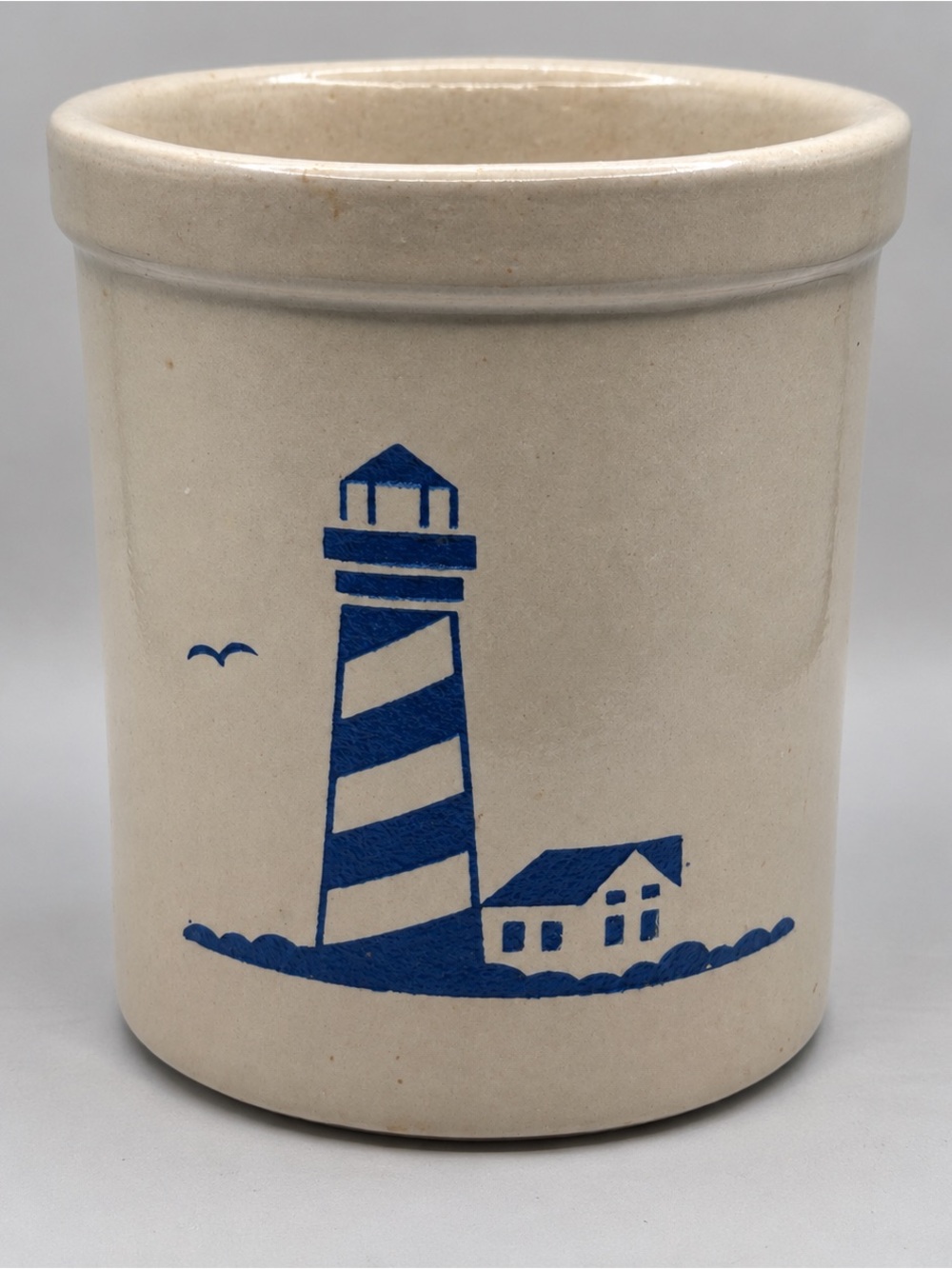 Vintage RRP Lighthouse Stoneware Crock | Cobalt Blue Nautical Kitchen Decor